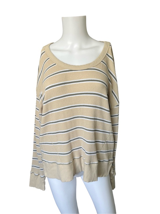 aerie Tops - Offline by Aerie Waffle Knit Pullover Striped Tan Green Oversized Size Small